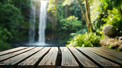 forest background wallpaper with beautiful waterfall, blur background, wooden display for health beauty products, spa, skin care, perfume