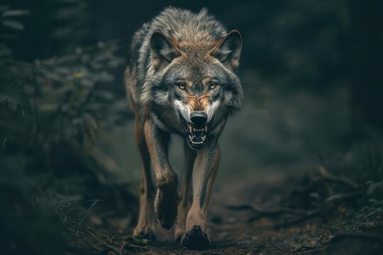 aggressive lone wolf snarling in dark forest path ready to attack wildlife photography