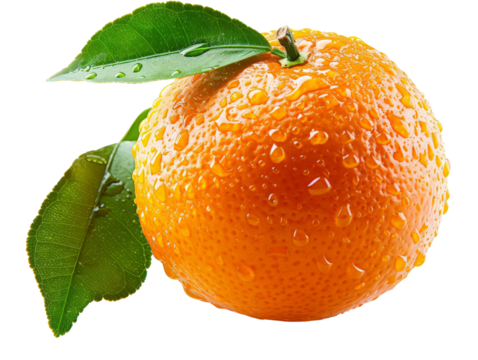 Fresh juicy orange with water droplets and green leaves isolated on white background, highlighting its vibrant color and natural texture.