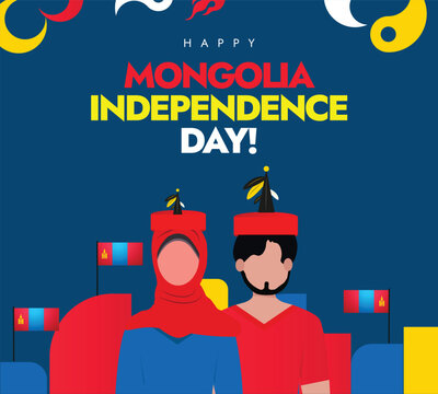 Mongolia independence day. Happy Mongolia independence day celebration banner with its flags and people wearing traditional clothes. 
