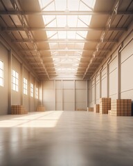 Mock-up ready warehouse interior, vast storage area with potential for corporate branding, neutral tones, overhead shot