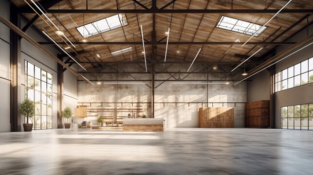 Contemporary warehouse designed for efficiency, blank advertising spaces, customizable for business needs, wide angle