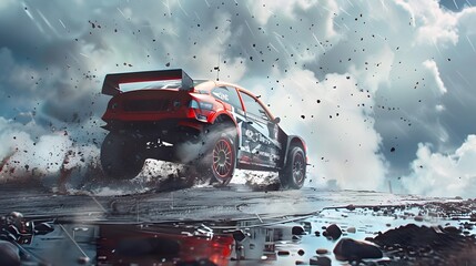 Rally racing car on dirt track, in winter, extreme sport activities theme, created with generative ai