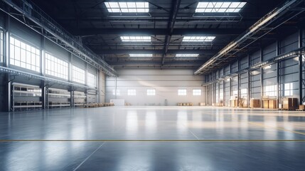 Obraz premium Spacious warehouse with blank banners ideal for business mock-ups, industrial racks in background, wide layout for customization