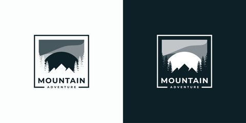Mountain and sunset silhouette vector logo design with modern, simple, clean and abstract style.