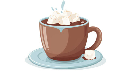 Illustration of a warm cup of hot chocolate with marshmallows on a blue saucer. Perfect for winter and cozy beverage themes. Isolated on transparent background.