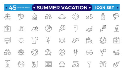 summer vacations icon set. Vector thin-line illustrations with objects, activities, and places related to travel, tourism, and the outdoors on the beach.Editable stroke outline icon.