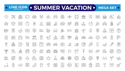 summer vacations icon set. Vector thin-line illustrations with objects, activities, and places related to travel, tourism, and the outdoors on the beach.Editable stroke outline icon.