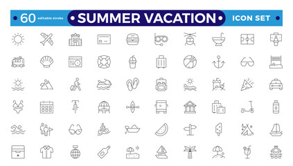 summer vacations icon set. Vector thin-line illustrations with objects, activities, and places related to travel, tourism, and the outdoors on the beach.Editable stroke outline icon.