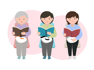 本を読む祖母と娘と孫, 膝の上で寝ている猫