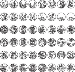 Obraz premium 線画円形ミニ花札アイコンセット