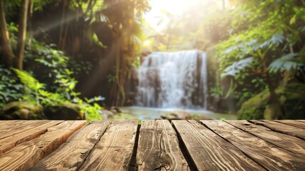 blind podium made of wood; blurred tropical nature with a waterfall in the background; light natural warm colors, 2:1, banner landing page