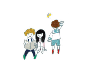 手描きイラスト　本を一緒に読む子供たち