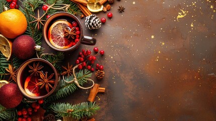 Fototapeta premium Mulled wine with festive decorations on a brown backdrop