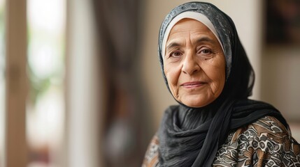 Close up of the face of a Muslim woman grandmother wearing a hijab
