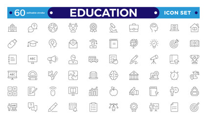 Education and learning icon set Outline vector icons related to education, success, academic subjects, and more. Editable stroke outline icon.

