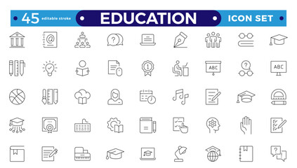 Education and learning icon set Outline vector icons related to education, success, academic subjects, and more. Editable stroke outline icon.