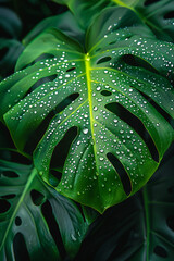 Obraz premium close up shot, plant in the garden, green monstera leaf with raindrop , micro tropical nature background