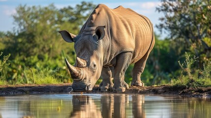 Fototapeta premium White rhinoceros (Ceratotherium simum) at a waterhole