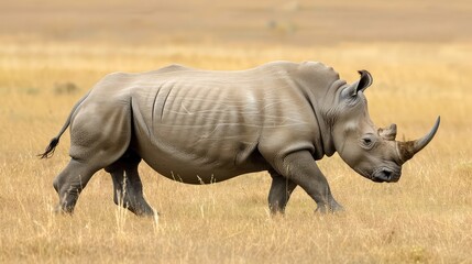 Obraz premium White rhinoceros (Ceratotherium simum) grazing in the grasslands of Africa