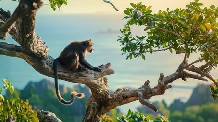 monkey sitting on a tree branch and looking at the sea in the morning