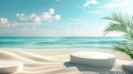 Summer sand and tropical sea background with empty podium
