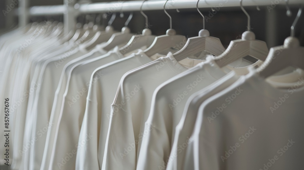 Sticker Close-up collection of t-shirts hanging on a hanger or clothes rack on a white background.