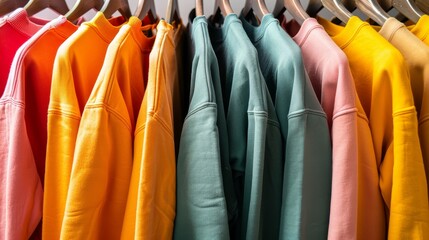 Close-up collection of t-shirts hanging on a hanger or clothes rack on a white background.