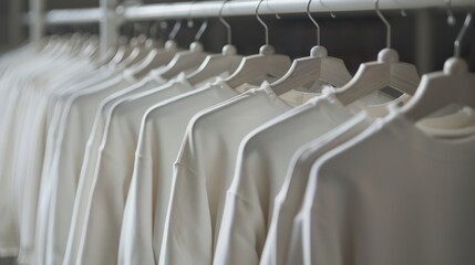 Fototapeta premium Close-up collection of t-shirts hanging on a hanger or clothes rack on a white background.