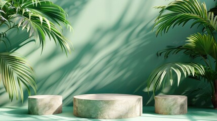 Minimal podium background texture green beauty shadow banner mockup wall stone leaf showcase cosmetic wallpaper sale art