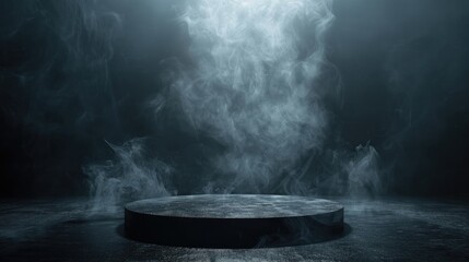 Dark black floor podium dramatic empty night room table concrete wall scene place display studio smoky dust