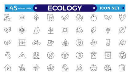 Ecology outline icon set. Icons for renewable energy, and green technology. Design elements for your projects.Set of green energy thin line icons. Editable stroke outline icon. 