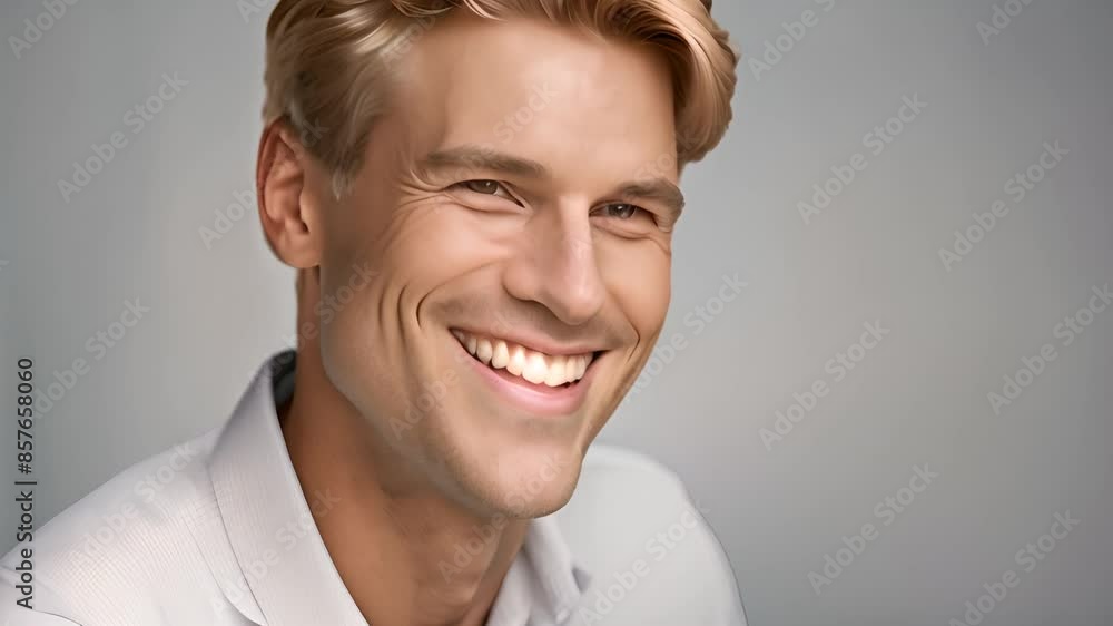 Aufkleber man smiling with white teeth against gray background generative ai