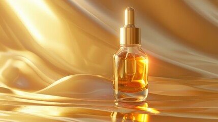 Naklejka premium a luxurious serum bottle with a sleek design and golden liquid, placed on a soft glowing surface with a warm hue.