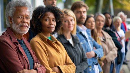 Fototapeta premium Diverse Voters Group Standing in Line on Election Day at Voting Booth in USA