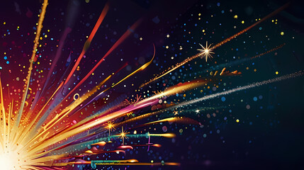 festive starburst background with sparkling confetti and fireworks exploding in various directions
