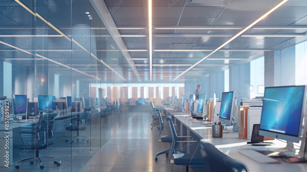 Aufkleber a large open office space with many desks and chairs. generate ai image