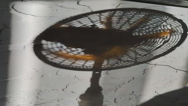 Primer plano de una sombra de un ventilador en movimiento en una pared con un fondo blanco. Video vertical.