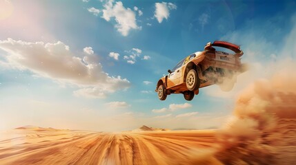 Rally racing car on dirt track, in the desert, extreme sport activities theme, created with generative ai