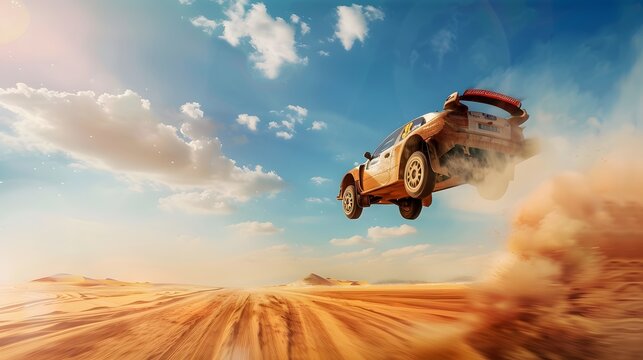 Rally racing car on dirt track, in the desert, extreme sport activities theme, created with generative ai