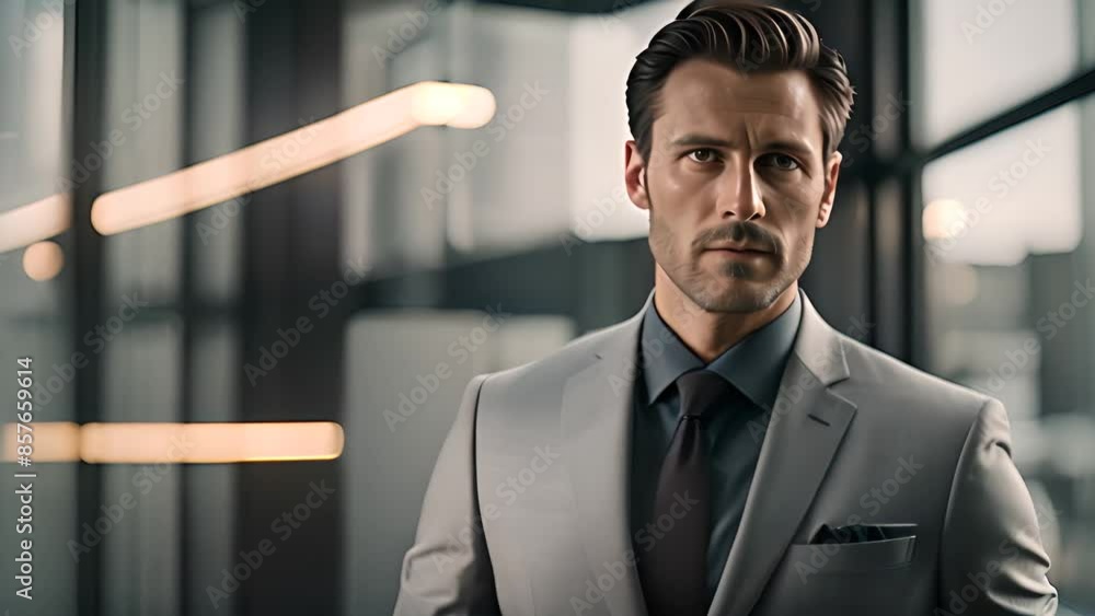Poster man in suit looking confidently at camera in office generative ai