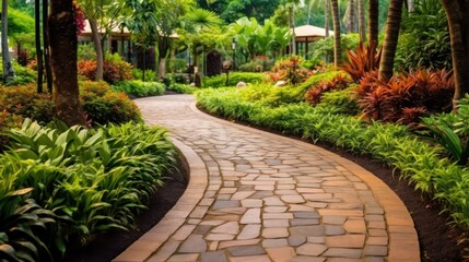 Obraz premium A path through a lush green garden with a stone walkway