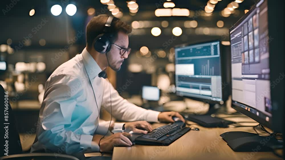 Poster man working on computer in office at night generative ai