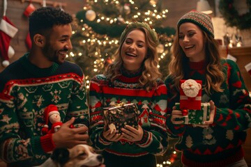 Celebrate Christmas with friends in a joyous and festive gathering filled with gifts, laughter, and a warm, cheerful atmosphere, creating lasting memories of love and togetherness