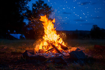 Friends enjoying a warm bonfire on a summer night by the lake.