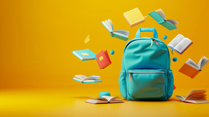 Vibrant 3D rendering showcases blue school backpack surrounded by open books flying on yellow background, symbolizing the excitement of going back to school. Copy space for text.