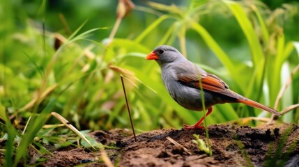 Obraz premium A small gray bird with a red beak is standing in a field of tall grass