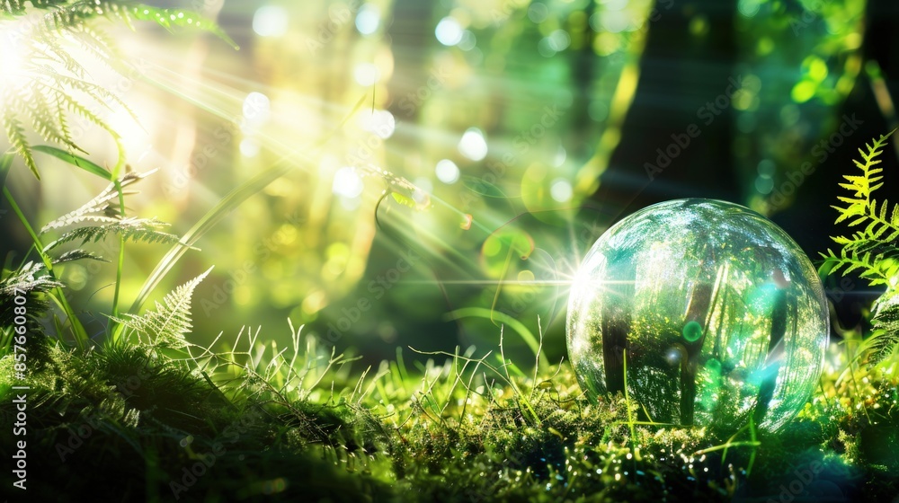 Poster a green sphere sits on a patch of grass in a forest. generate ai image