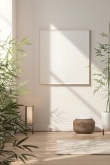 A vertical frame in a yoga studio, soft natural lighting, serene and minimalist decor. Background of bamboo plants, light wooden floors, soft earthy tones. 2:3