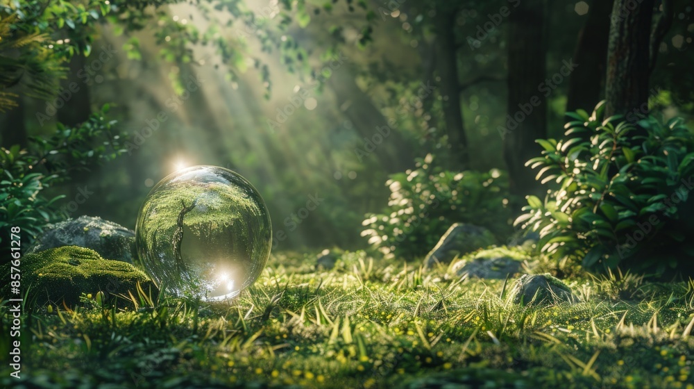 Poster a green sphere sits on a patch of grass in a forest. generate ai image